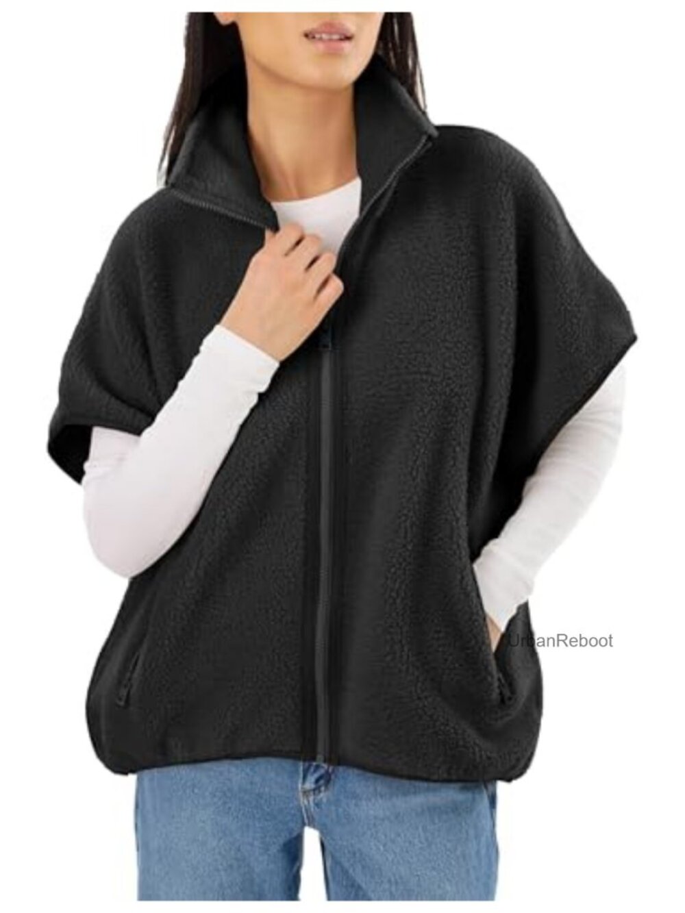 Sherpa Fleece Vest Oversized Batwing Sleeve Leather Trim Zip Up Women's